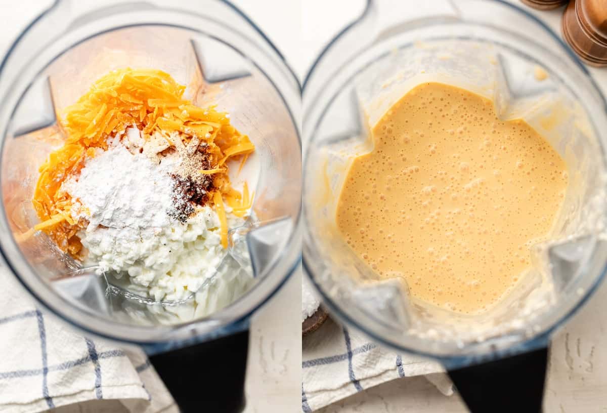 The cottage cheese, cheddar cheese, milk, and spices in the blender before and after being blended.