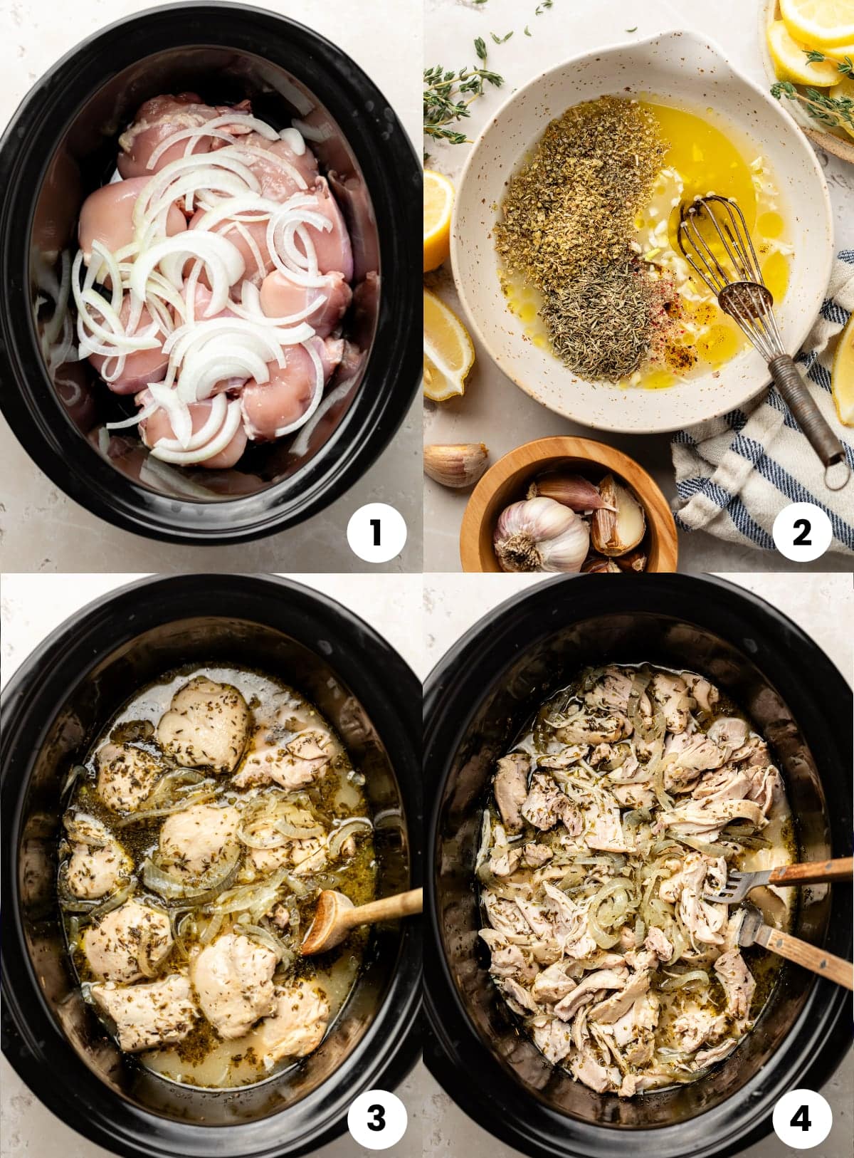 Step by step visual instructions for how to make the recipe, including putting the chicken in the slow cooker, adding the broth Greek flavors, cooking the chicken in the slow cooker, and shredded the chicken.